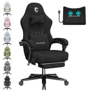 Gaming Chair, Fabric Computer Office Chair with Massage, Ergonomic Chair with Footrest Lumbar Support, Pocket Spring Widened Cushion Metal Legs 350LBS Black