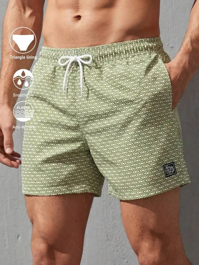 YAMAN Drawstring Beach Shorts With All-Over Geometric Print, Suitable For Summer Beach Vacation, Hawaiian, Holiday