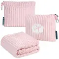 PAVILIA Travel Blanket Pillow Set - 65x40 Inches Compact Packable Airplane Blanket with Soft Pockets Bag, Luggage Strap, Travel Must Haves for Flight, Car Travelers Accessories Gifts