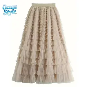 Ocean Style 2026 Women's Plain Ruffle Hem Tiered Layer Skirt, Elegant Aesthetic High Waist Long Skirt for Vacation Holiday Party, Ladies Bottoms for All Seasons, Long Skirt Women