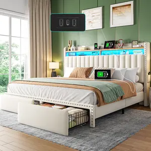 Raybe Furniture Upholstered Bed Frame with LED & Charging Station & 2 Drawers, MATTRESS NOT INCLUDED, Twin, Full, King, Queen Size Bed Frame with Headboard &Shelves, Holds 1000 LBS, No Noise