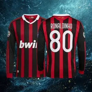 09 10 Home Red And Black 80# Ronaldinho Long Sleeve Retro Soccer Jersey Fans Version