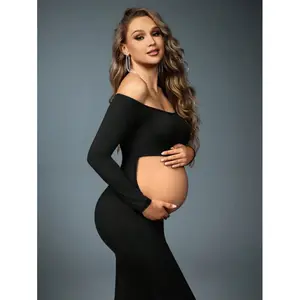 1 Set Maternity Photoshoot Off Shoulder Long Sleeve Top And Elastic Waist Mermaid Skirt, Suitable For Photography, Portrait, Black