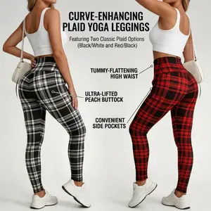Women's High Waisted Plaid Leggings with Side Pockets Stretchy Soft Casual Workout Pants for Womenswear Bottom