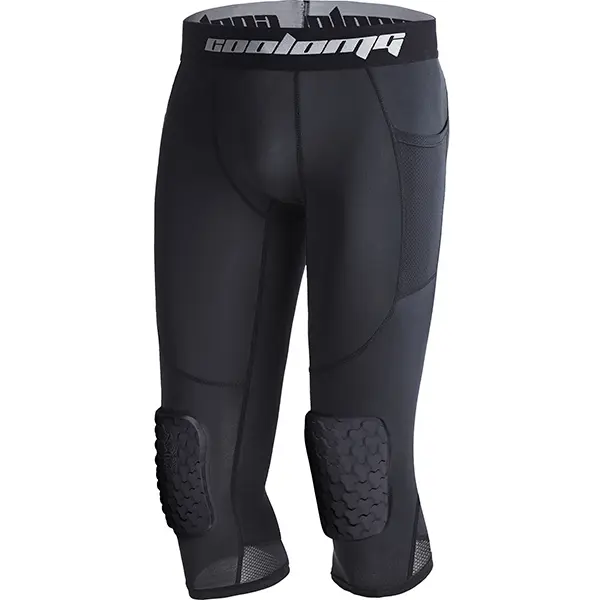 COOLOMG Kids' Unisex Padded Compression Tights, 3/4 Capri Polyester Blend Fitness Leggings with Knee Pads and Side Pocket for Basketball, Compression Fitness Leggings, Side Reflector, Tight Fit