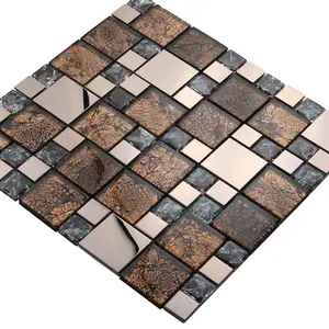 Glass Metal Backsplash Tile Versailles Pattern Brown Crystal Glass Mix Rose Gold Stainless Steel Mosaic Wall Tiles