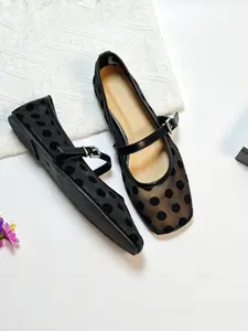New Women's Mesh Square Toe Flat Shoes, Comfortable Casual Polka Dot Mary Jane Sandals, Breathable Ballet Flats for Daily Wear