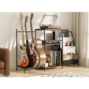 Multi-Guitar Stand & Record Player Stand with Storage Shelf, 3-in-1 Adjustable Black Guitar Rack for Acoustic/Electric Guitars & Bass, Vinyl Record Storage with Display Shelf, for   Studio