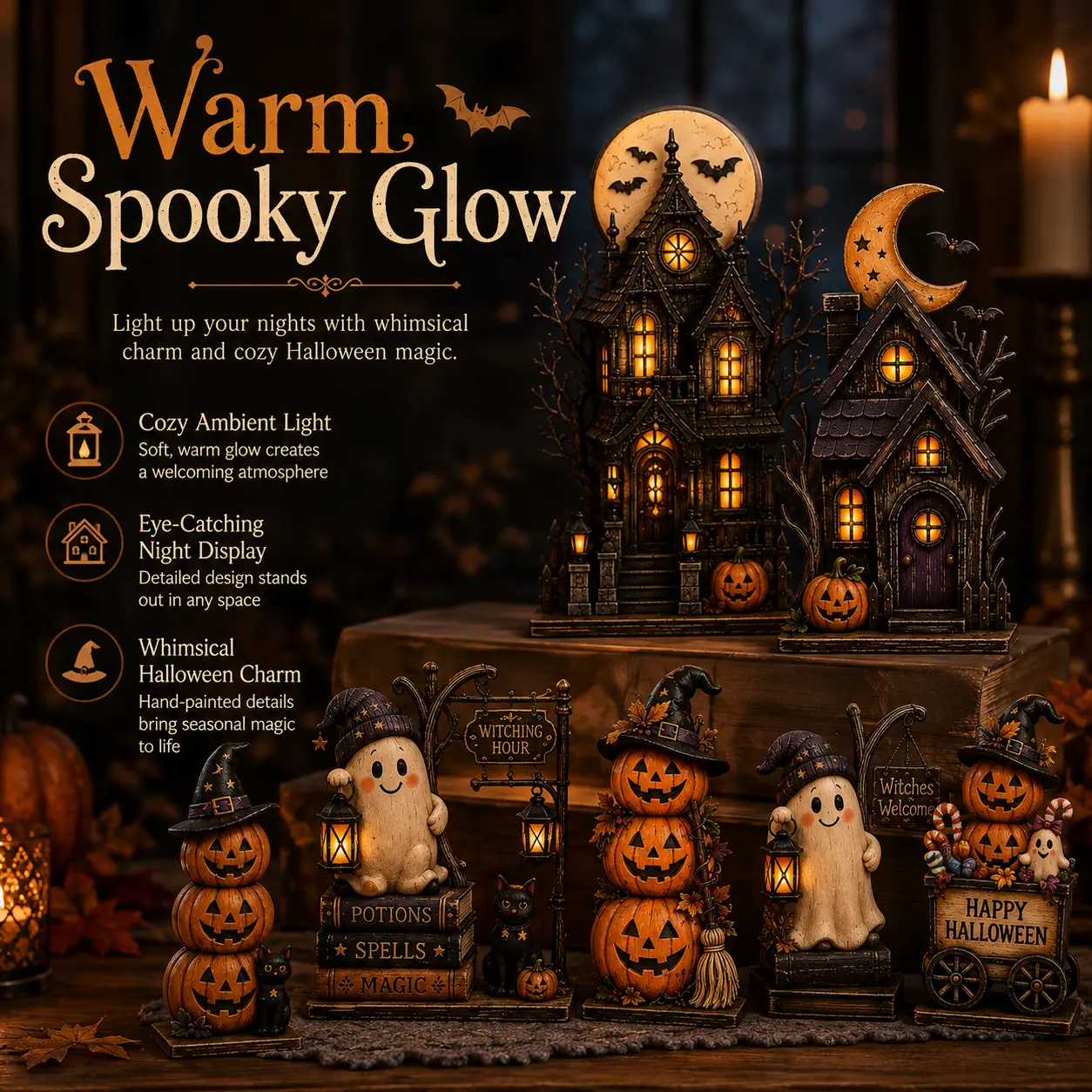 Halloween Cute Ghost Statue Holding Lantern, Witches Welcome Sign Magic Spell Books Decor Witchy Fall Table Ornament 	