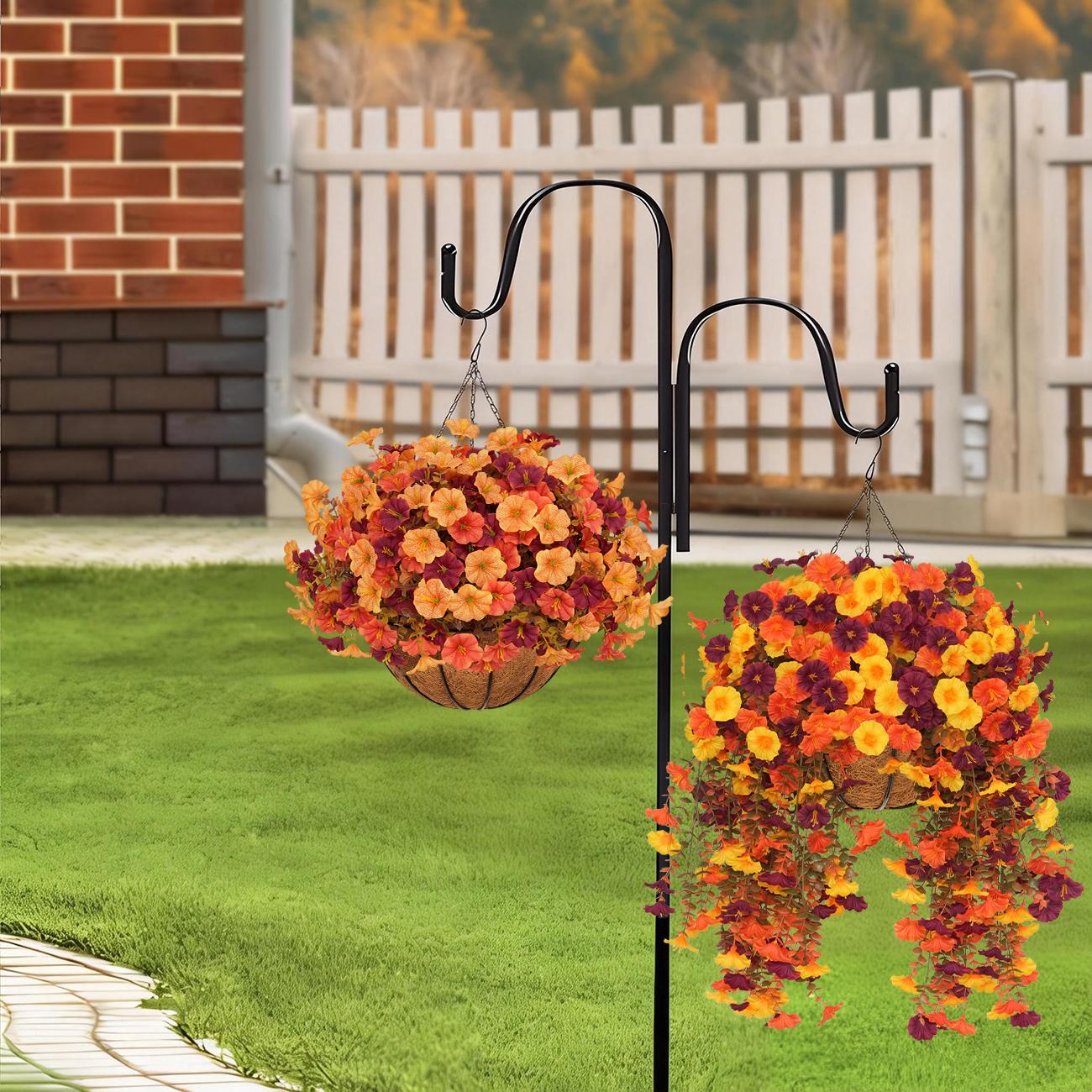 2Pcs Artificial Hanging Flower Baskets, UV Resistant Daisies/Pansies/Morning Glories/Ferns Arrangement, No Maintenance Fall & Halloween Decor for Porch Patio Balcony Yard, Home Accessory, House Decor homeessentials