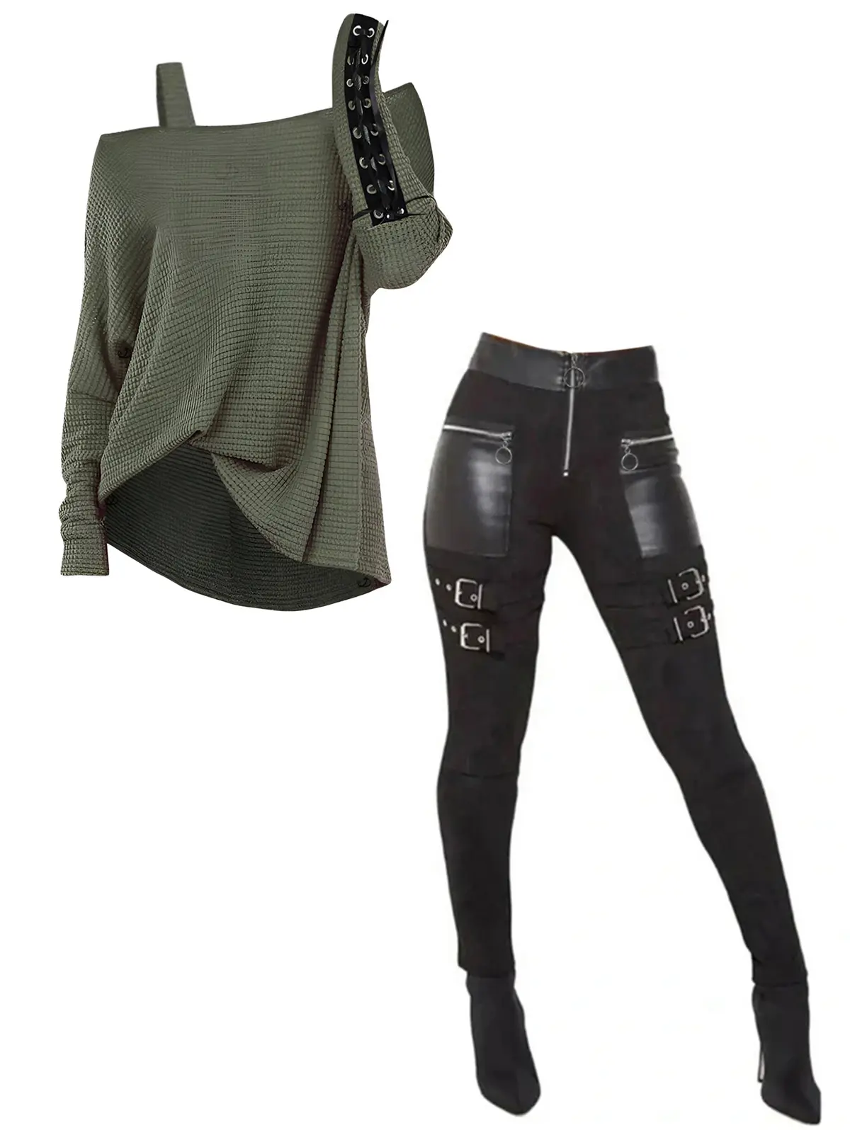 DRESSLILY 2025 Women Outfit Solid Color Textured Skew Neck Top and Zipper Buckle Leggings Set Autumn Matching Outfits FallFreshness