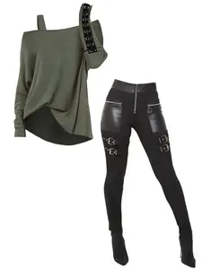 DRESSLILY 2025 Women Outfit Solid Color Textured Skew Neck Top and Zipper Buckle Leggings Set Autumn Matching Outfits FallFreshness