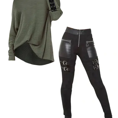 DRESSLILY 2025 Women Outfit Solid Color Textured Skew Neck Top and Zipper Buckle Leggings Set Autumn Matching Outfits FallFreshness