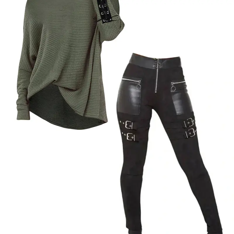 DRESSLILY 2025 Women Outfit Solid Color Textured Skew Neck Top and Zipper Buckle Leggings Set Autumn Matching Outfits FallFreshness