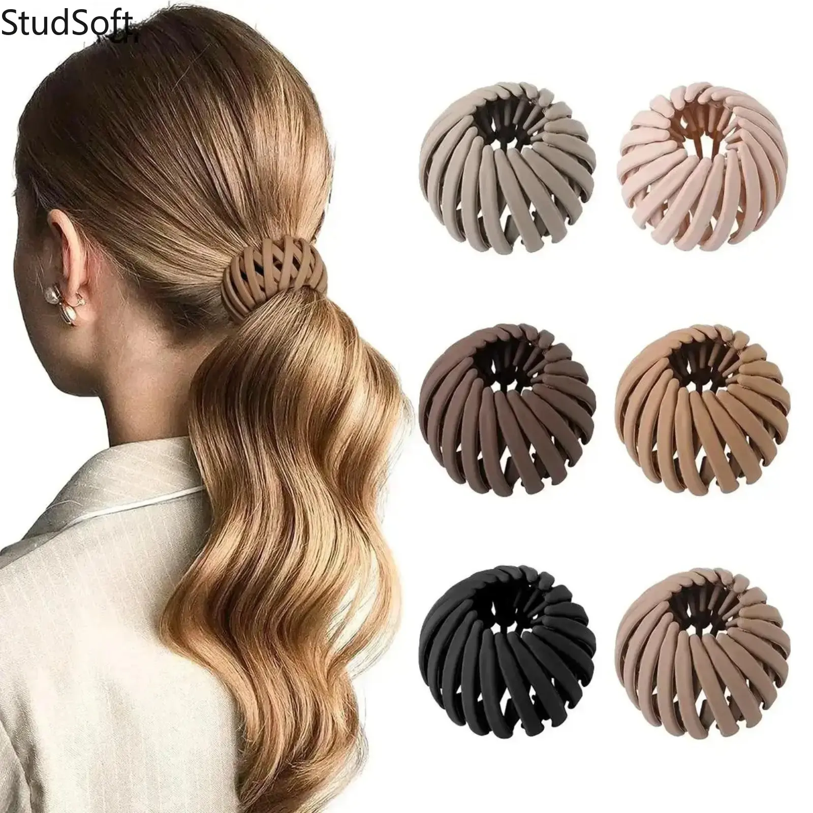 6 Pcs Bird Nest Hair Clips, Women's Expandable Pony Tail Holders, Anti-Slip Plastic Bun Maker for Sports, Party & Wedding, Elastic Ponytail Accessories, Birthday, Female, Adjustable, Beach, Cotton, Natural Hairstyle, Athletic, Round Bun, Daily