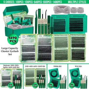 Lashsun 1490 PCS Cluster Eyelash Set D Curl 11 Styles Bottom/Spike/Wispy/Manga/Volume Lashes, Kit with Bond&Seal Lash Remover Tweezers Headband&Wristband, Perfect for Beginners&Proficient, DIY at Home Easily, Easy Apply for Makeup Daily