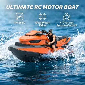 RC Jet Ski Boat, 2.4GHz High Speed RC Boat Toy, 1:14 Scale dual motors, 50m range, 180° auto flip recovery, waterproof & auto water start. Summer outdoor toy for kids & adults, fits pool lake river, nice birthday & holiday gift.