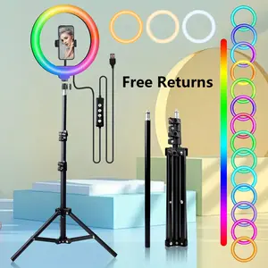 62.9-inch Tripod and Phone Clips Kit - Adjustable Brightness, 30 RGB and 3 White Light Modes,  with 10-inch RGB LED Selfie Ring Lights for Professional Photos and Video Lights#SummerWins#FathersDayGift