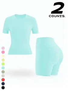 Women's Outdoor Sport Set, Pure Color Short Sleeve Shorts, Comfortable Breathable, Multi-Color Options, Running Fitness Yoga Casual Wear