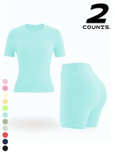 Women's Outdoor Sport Set, Pure Color Short Sleeve Shorts, Comfortable Breathable, Multi-Color Options, Running Fitness Yoga Casual Wear