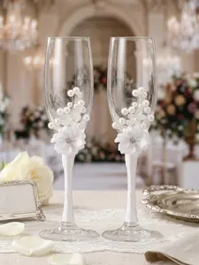 2 Piece Set Elegant Pearl Ribbon Flower Wedding Champagne Glass White Ribbon Wrap Rhinestone Decoration Bride and Groom Wish Wine Glass Reusable Goblet Wedding Party Romantic Dinner Gift Anniversary Valentine's Day Photo Props