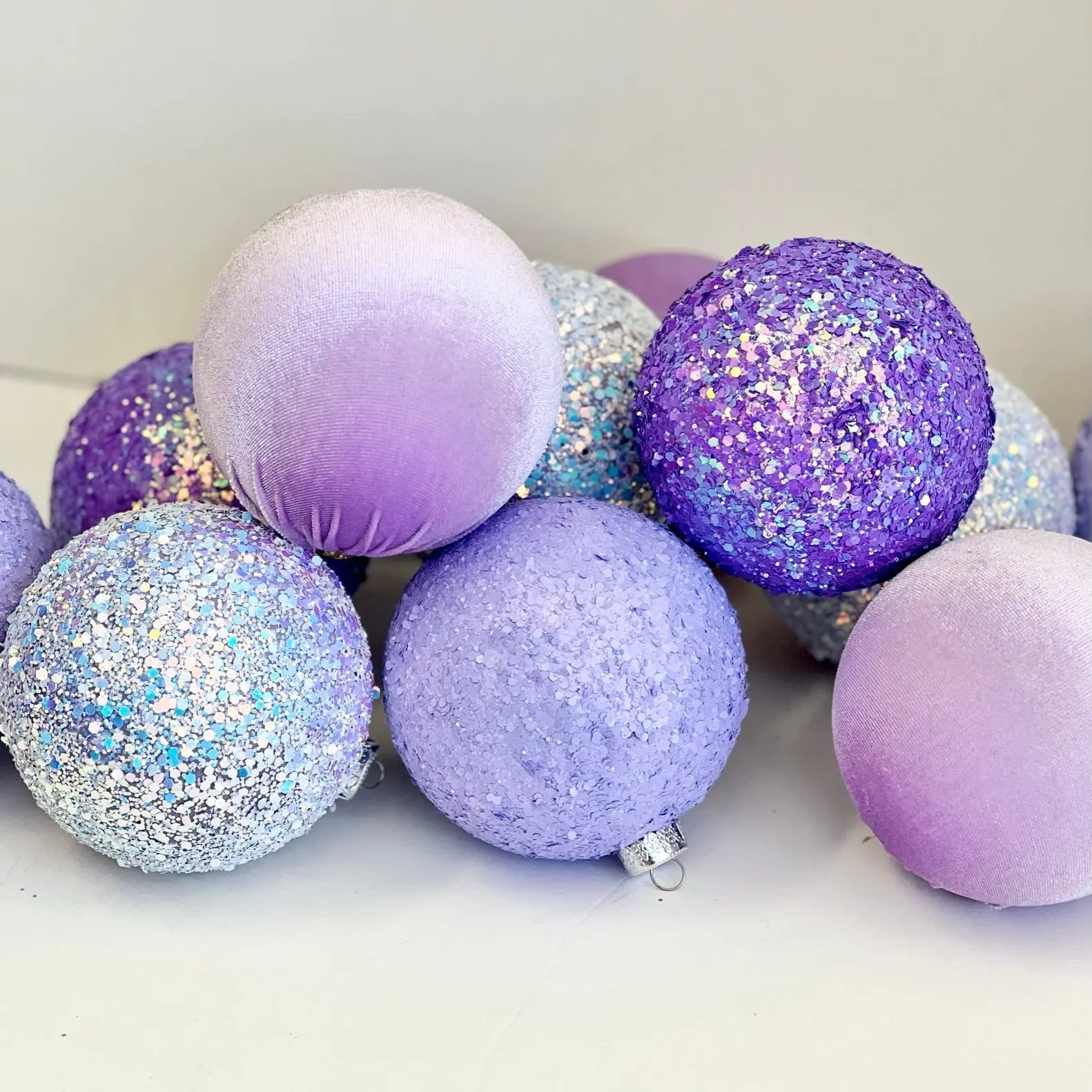 12 Purple Christmas Ornaments: Handmade Glitter Flocked Balls