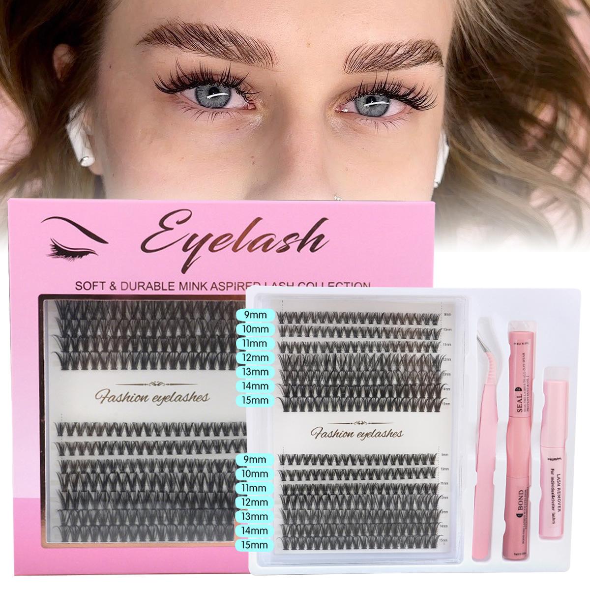 Flare Lashes Kit - 280 Clusters Individual Lash Extensions (9-15mm), Invisible Band Natural Fluffy, with Bond Seal Eyelash Glue, Lash Remover & Tweezers, Waterproof Long-Lasting DIY for Beginners