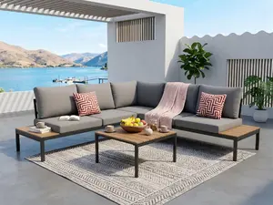 4-Piece Outdoor Patio furniture Sofa Set, 6 Seater Hand Woven PE Rattan Sectional Sofa with Tempered Glass Coffee Table, Weather Resistant Metal Frame, Light Gray/Dark Blue