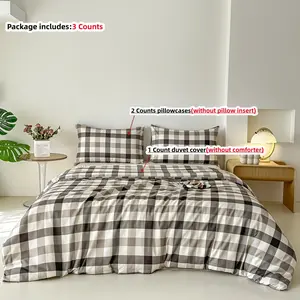 3pcs brown Plaid Bedding Set, Includes 1 duvet cover and 2 Pillowcases, Zipper Design, Soft Fabric, Suitable for All Seasons, Soft Bedding Sets