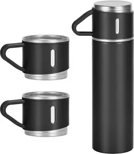 500ml/17 OZ Stainless Steel Thermo Bottle with 3 Cups, Insulated Coffee Water bottle for Hot and Cold Drinks, Vacuum Flask Set