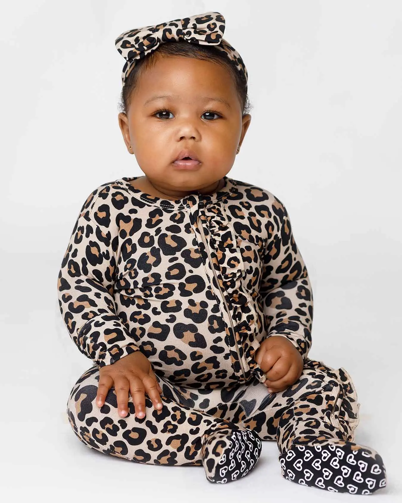 Kiara Ruffled Long Sleeve Fitted Leopard Onesie Bodysuit - Double Zippered Footie for Infants, Lev Baby, Organic Bamboo