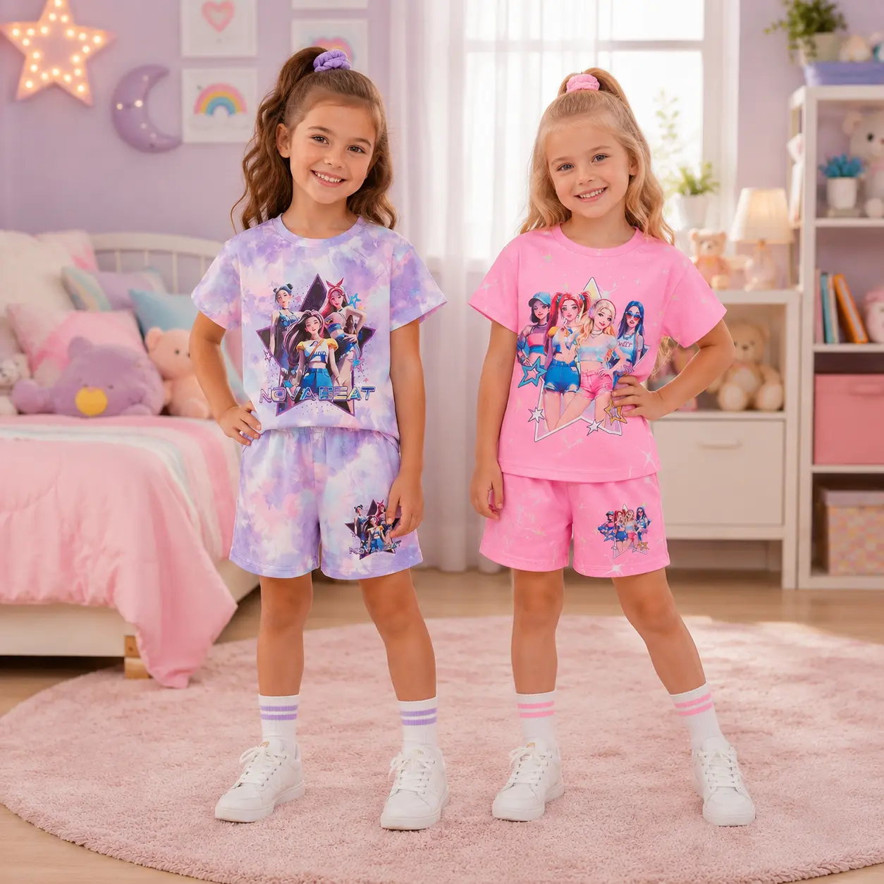 Toddler Girls' 2-Piece Outfits Set, Graphic Print Polyester Clothing Matching Set, Cute Summer Playwear Tee & Shorts