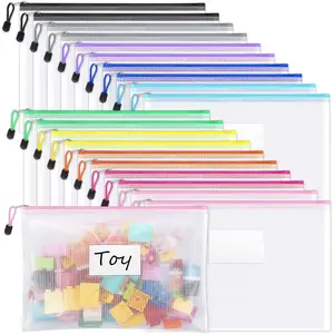 20 Pack Mesh Zipper Pouch Bags, A4 Letter Size, Zipper Bags with Label Pocket, Waterproof Pouches for Classroom Organizer, Board Game Toy Storage, Document Bag for Teacher School Office Supplies