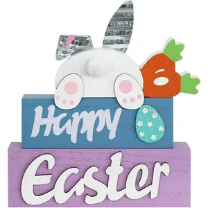 Easter Decorations, 3-Layered Easter Bunny with Carrots Farmhouse Wood Block Easter Decor, Happy Easter Sign Easter Egg Design Easter Decorations Indoor for Home, Living Room, Tables, Mantel