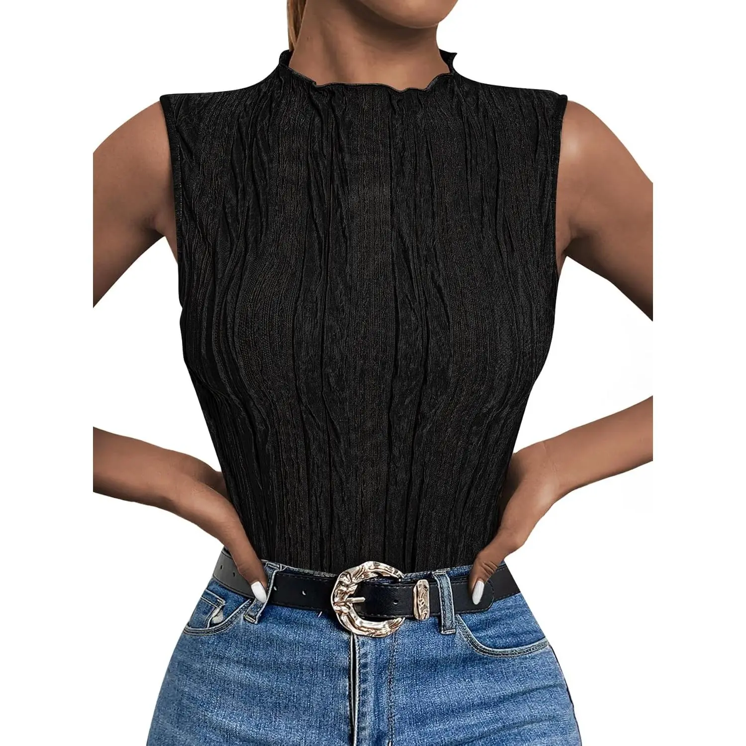 Women's Textured Cotton Mock Neck Sleeveless Blouse - Fitted Ruched Detail, Casual Chic Elegant Basic Top, Business Office & Party Wear Shirt, Casual Chic Sleeveless, Elegant Sleeveless Top
