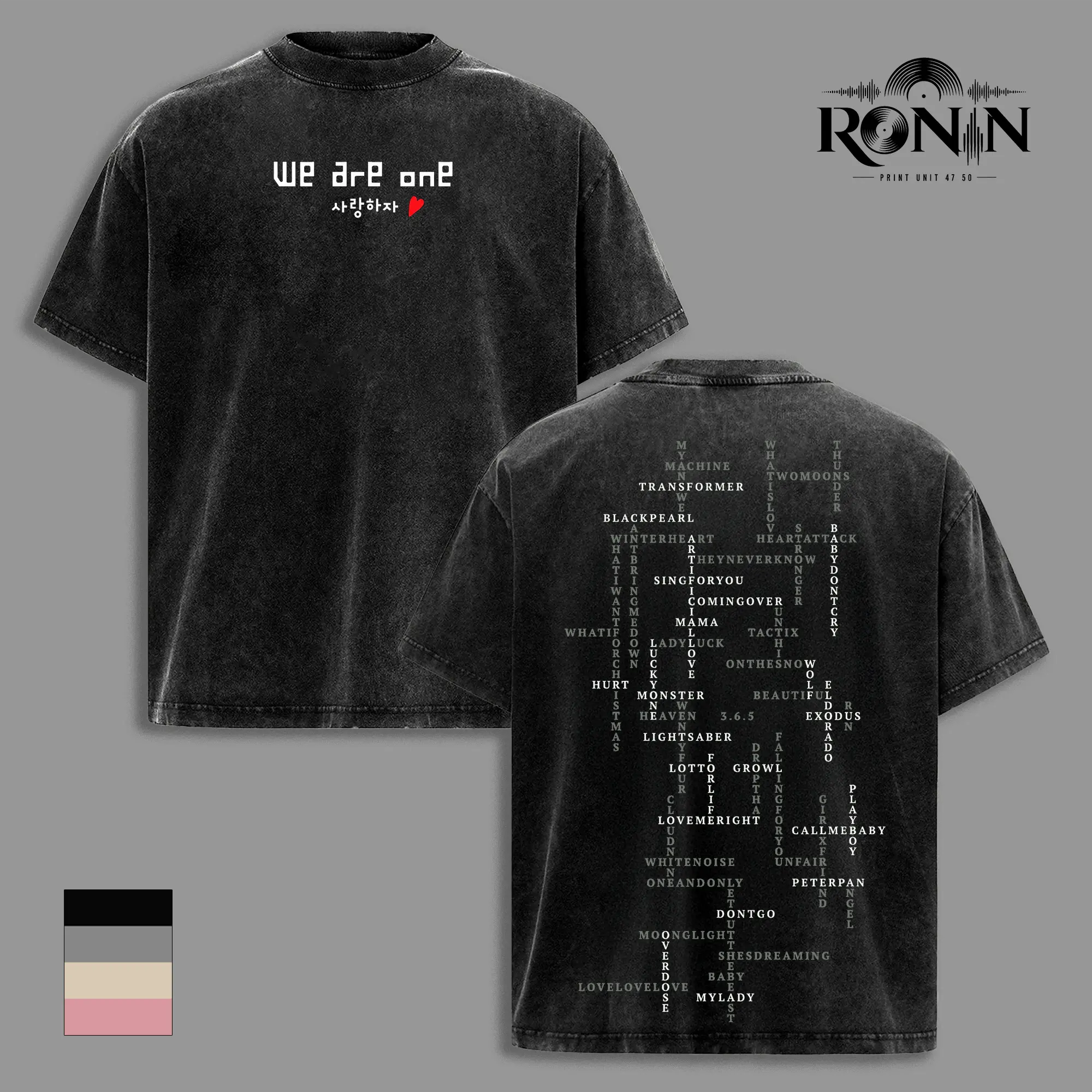 EXhorizon Men's Vintage Washed Graphic T-Shirt - ERI Kpop Group Song List Tee, Double-Printed Oversized Heavyweight Cotton Fan Shirt (Sizes S,M,3XL,4XL,5XL)