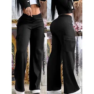 Women'sHigh-WaistedBlackWide-LegPants-CasualStraightDesignwithPockets,ComfortablePolyesterBlend,SuitableforCasualWear,High-WaistedPants,DurableFabric