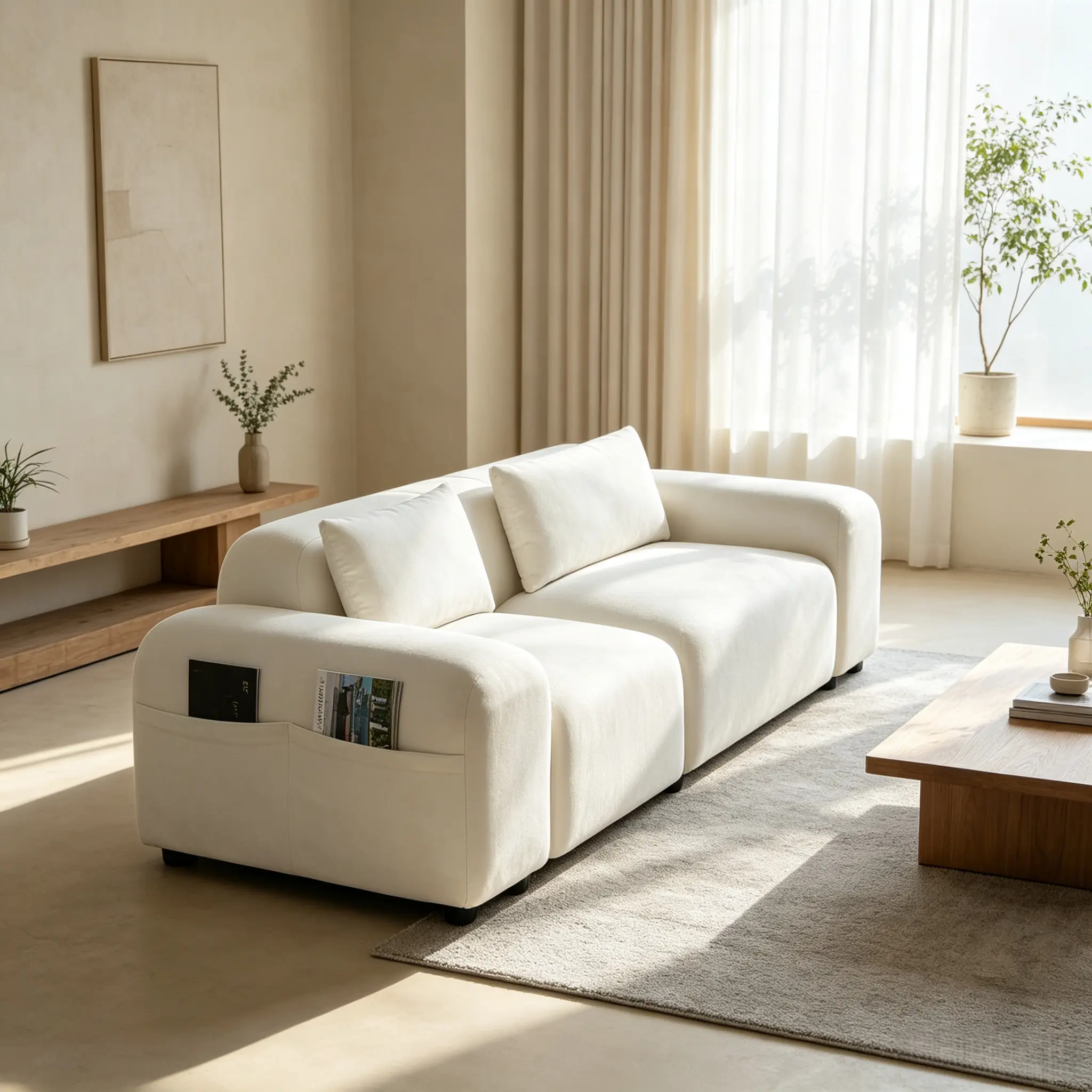 Luxury Flannel Living Room Sofa - Solid Wood Frame, High-Density Sponge, Spring Pack, Hand-Crafted Point-Pulling Design, Waterproof, Scratch-Resistant