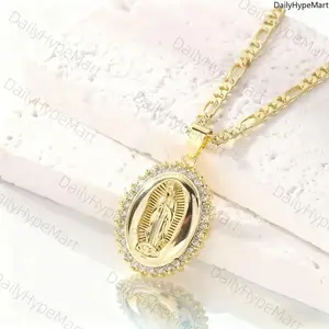 14K Gold Plated Virgin of Guadalupe Pendant Necklace with CZ, for Daily & Parties