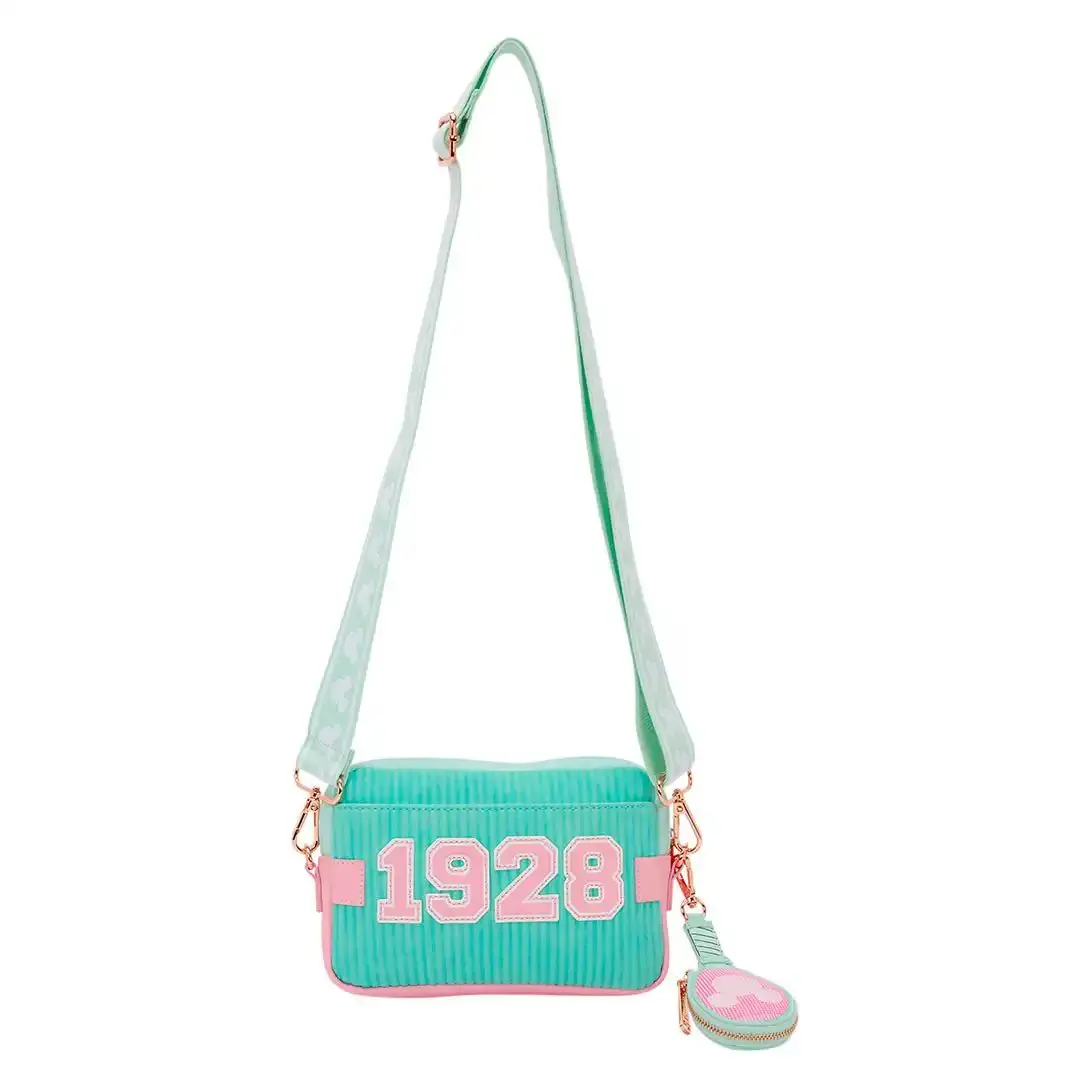 Loungefly Disney Mickey & Friends Tennis Faux Leather Sling Crossbody with Corduroy Trim and Jacquard Strap, Everyday Bag with Coin Pouch, Fashion Crossbody Bag, Crossbody Purse