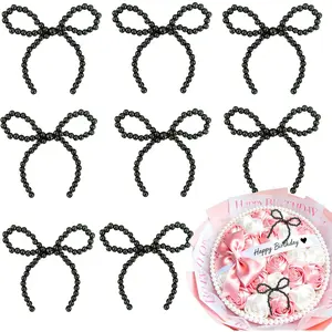 8PCS Black Pearl Bow Decoration for Bouquets Pearl Bow Cake Decor Topper Beaded Bridal Shower Decoration for Wedding Bridal Shower Birthday Gift Wrapper