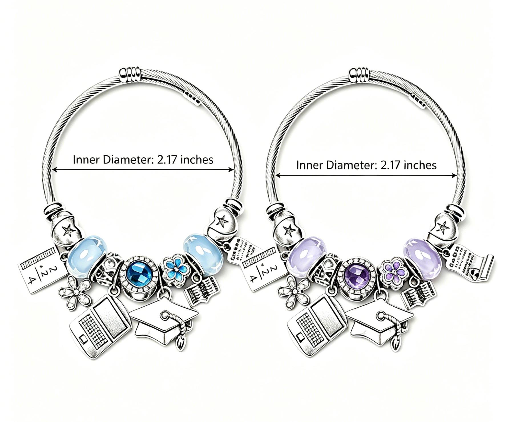 Graduation Commemorative Charm Bracelet | Twisted Rope Silver Bangle with Cap/Laptop/Book Charms (Blue/Purple Options)