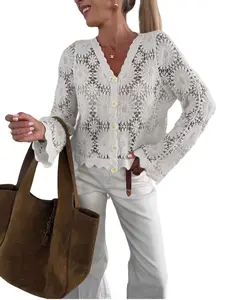 utcoco Womens Beach Vacation Crochet Knit Crop Cover Up Swimwear Sexy Hollow Out Long Sleeve Button Down Shirt Tops SpringStatements