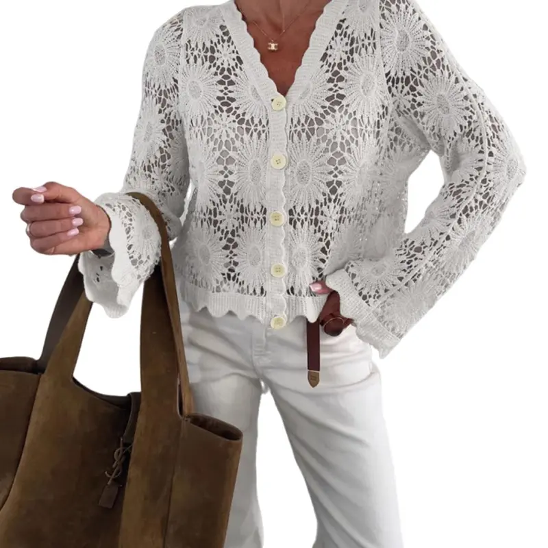 utcoco Women's Casual Crochet Knit Crop Blouse - Long Sleeve, Button-Down, Hollow Out, Machine Washable, Patterned, Crochet Embellished - Beach Swimsuit Coverup, Shirts for Women, Summer Vacation Layer Piece