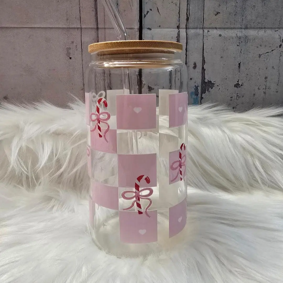 Candy Canes and Ribbons Glass Cup | 16oz Beer Can Glass with Lid and Glass Straw | Glass Coffee Cup | Glass Tumbler Coffee Cup