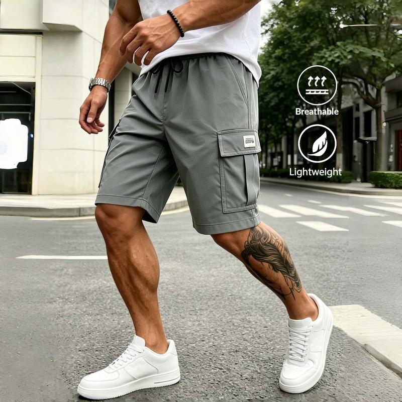 Men’s Regular Size Lightweight Breathable Polyester Loose-Fit Cargo Shorts - Mid Waist Elastic, Multi-Pockets, Knee Length, Tie Front Drawstring Menswear Bottoms for Summer Casual Streetwear