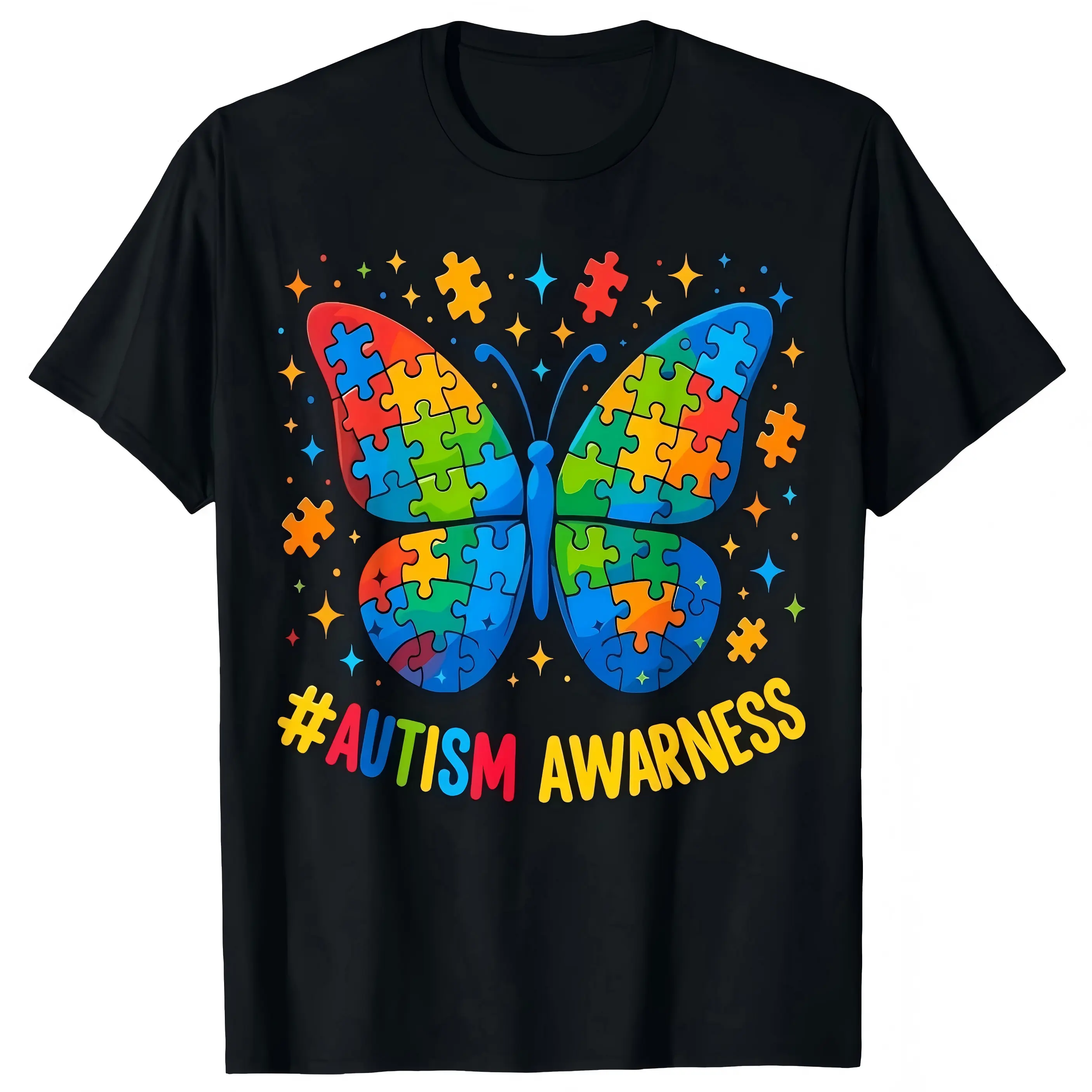 Men's Autism Awareness Butterfly Puzzle Print Casual T-Shirt - Short-Sleeve Round Neck Top, Colorful Puzzle Pieces & Stars Design, Black, Breathable Elastic Cotton, Regular Fit, Spring-Summer, Machine Washable, Autism Support