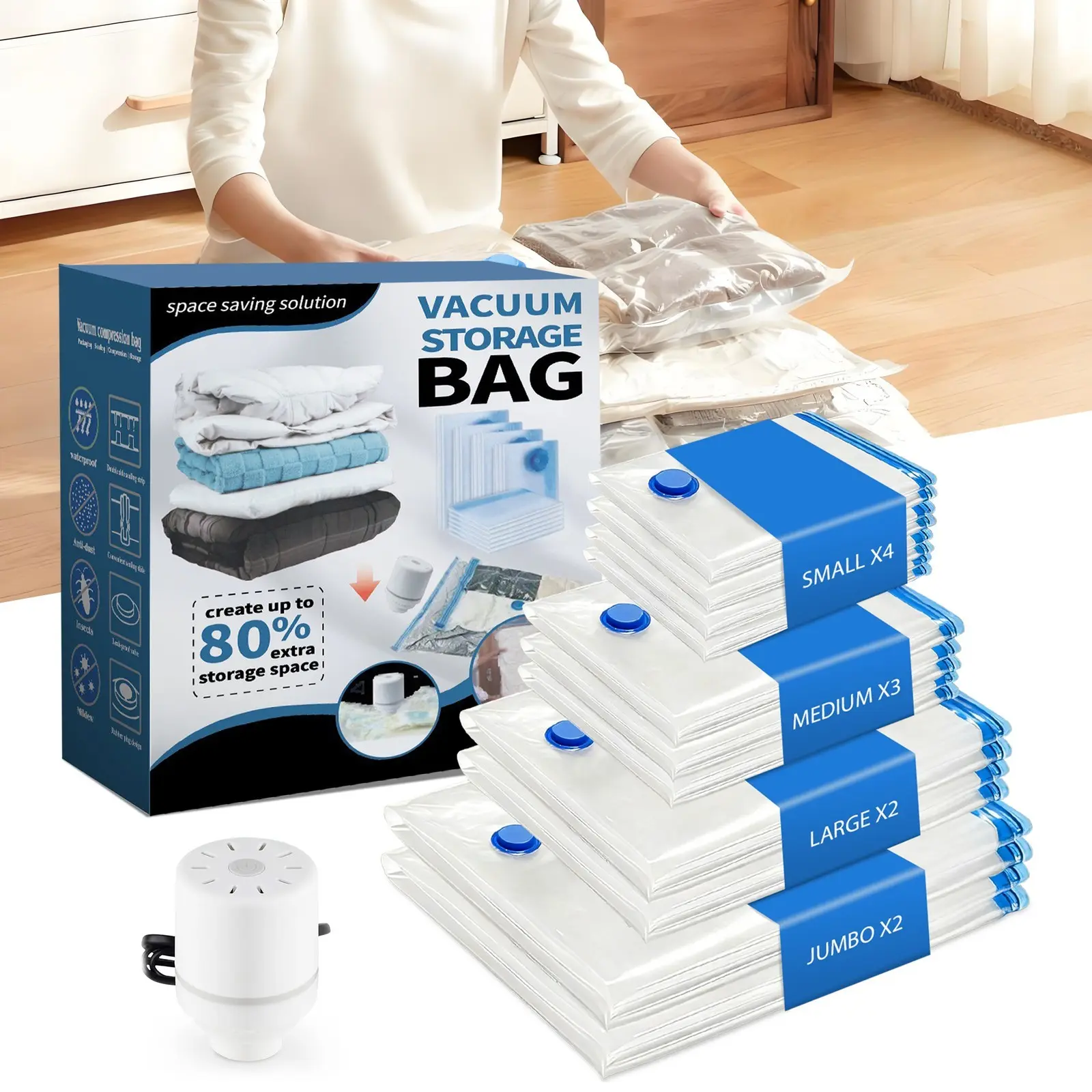 【DealsForYouDays】11-Pack 3-Size Cordless Travel Vacuum Storage Compression Bags, USB Rechargeable Handheld Pump with Built-In Battery, Waterproof Reusable Space Saver for Clothes Carry-On Suitcases