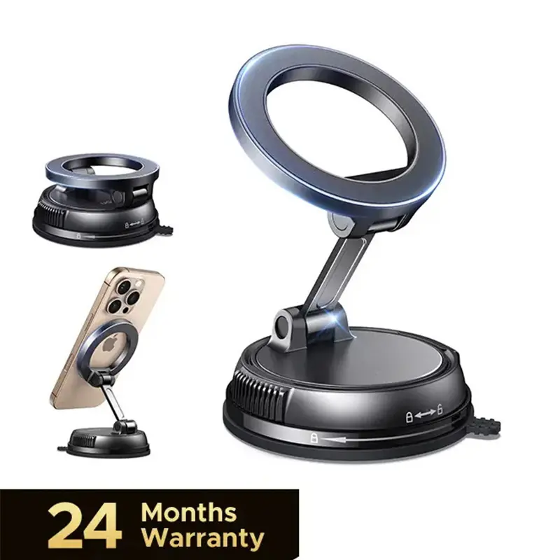Car Phone Mount, Strong Magnetic Dashboard Phone Holder with Detachable Ring Stand, Vacuum Suction Lock Base, 3-Axis Adjustable Cell Phone Holder for iPhone Samsung Galaxy Devices