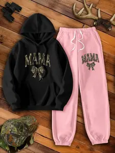 Women's Letter Print Drop Shoulder Hoodie & Pocket Drawstring Waist Sweatpants Two-piece Set, Womenswear Casual Fashion Cozy Breathable Two Piece Outfits for Daily Outdoor Wear, Women Clothes for Fall & Winter